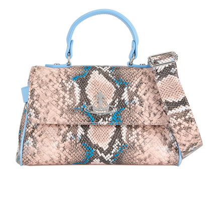 Snake Embossed Top Handle Bag, &pound;195, Handbags, Blue/Pink, Faux Leather, Front view